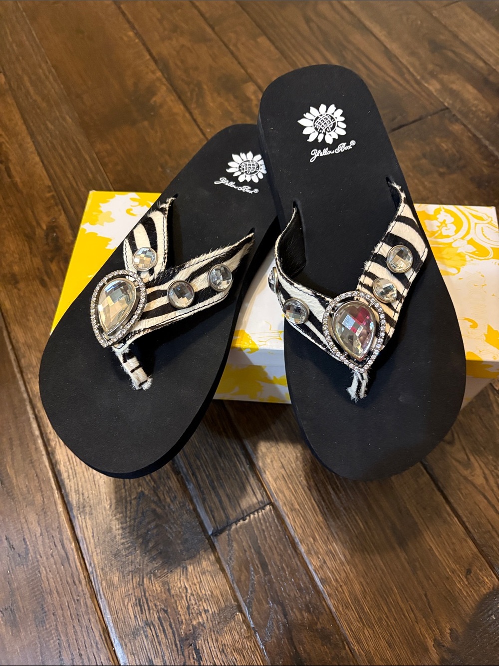 Yellow Box Black and Ivory Zebra Crystal Thong Sandals